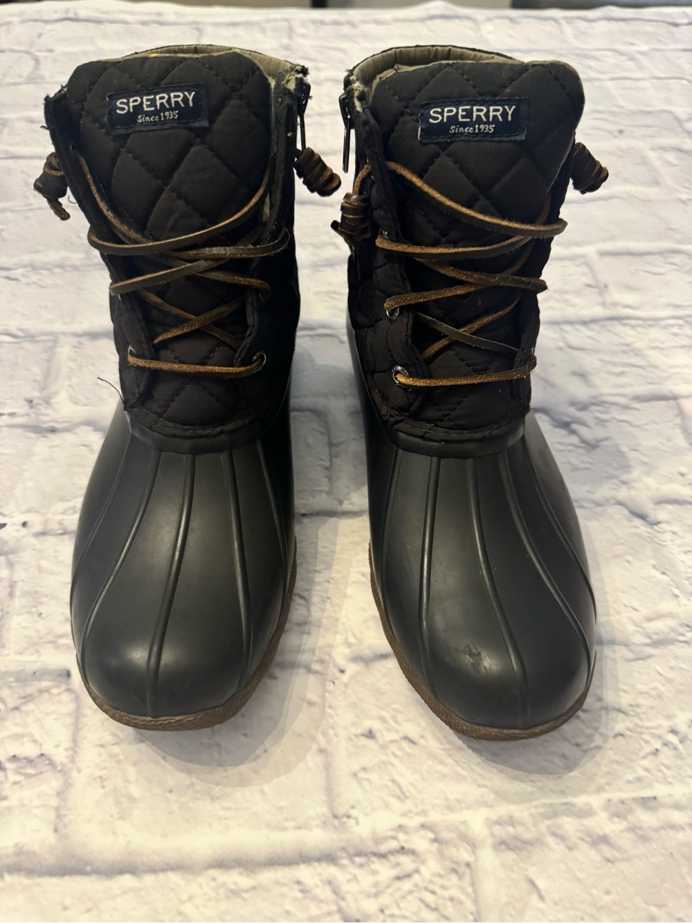 Sperry Black Quilted Duck Rain Boots with Brown Laces